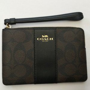 Coach NWT Authentic Woman's Corner Zip Wristlet Signature PVC Brown/Black